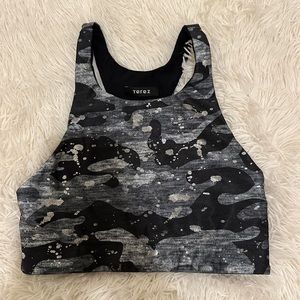TEREZ CAMO FOIL GRAY BLACK SILVER RACERBACK SPORTS BRA